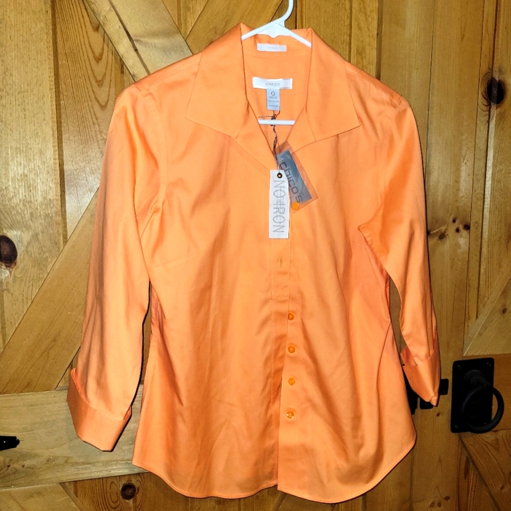 Chico's Bright Orange 3/4 Sleeve Button-Down Shirt